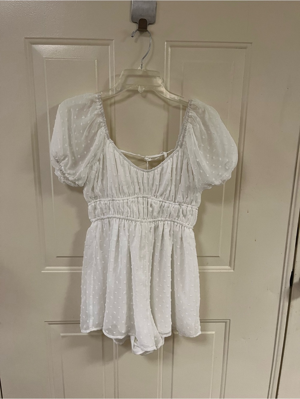 Altar'd State White Puff Sleeve Swiss Dot Peplum Dress